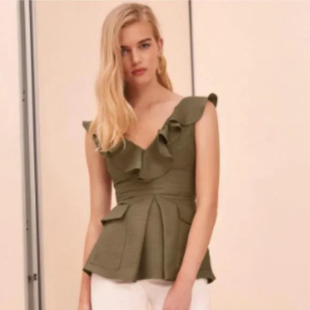 C/MEO Collective Ultirior Top Blouse Green Ruffle Double V-Neck Sleeveless XXS